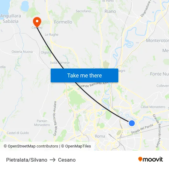 Pietralata/Silvano to Cesano map