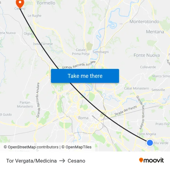 Tor Vergata/Medicine to Cesano map