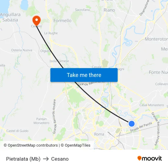 Pietralata (Metro B) to Cesano map