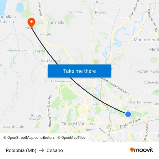 Rebibbia (Mb) to Cesano map