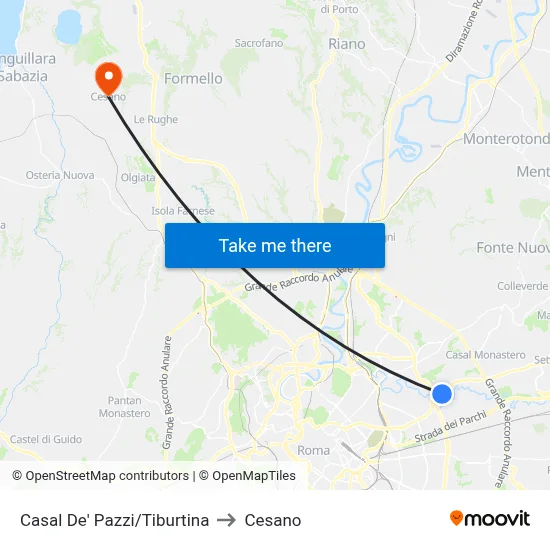 Casal De' Pazzi/Tiburtina to Cesano map