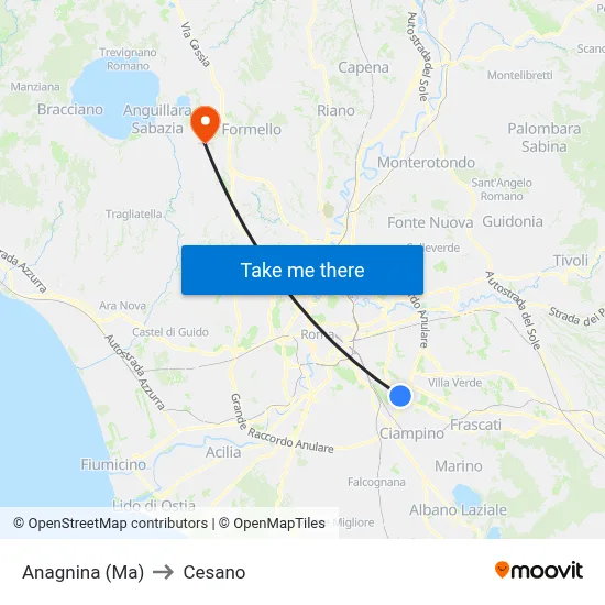 Anagnina Metro to Cesano map