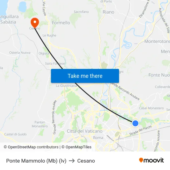 Ponte Mammolo (Mb) (Iv) to Cesano map