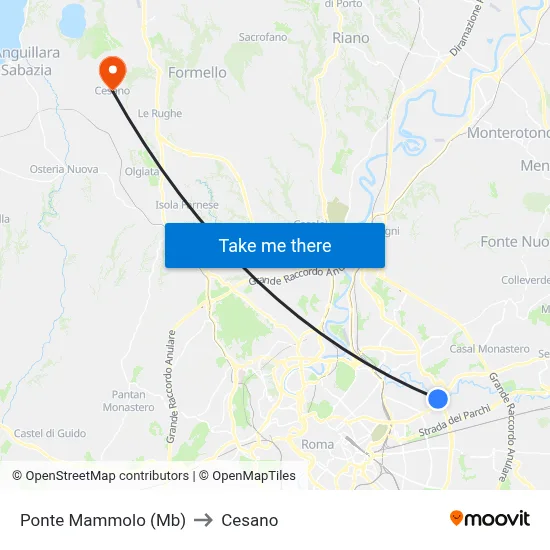Ponte Mammolo (Metro B) to Cesano map