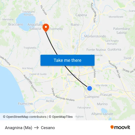Anagnina Metro to Cesano map