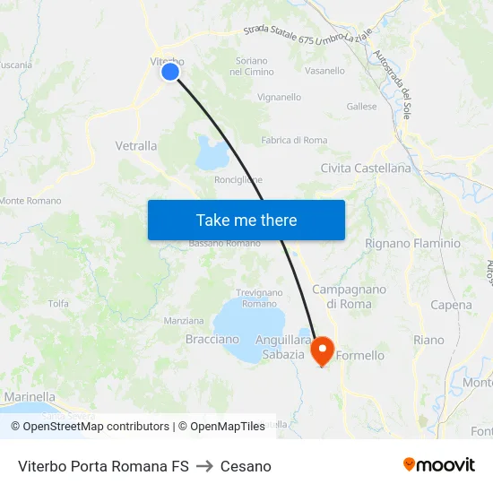 Viterbo Porta Romana FS to Cesano map