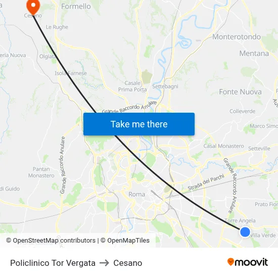 Tor Vergata Hospital to Cesano map