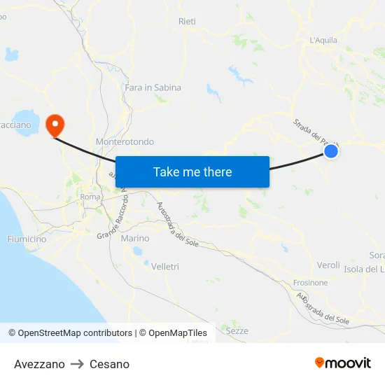 Avezzano to Cesano map