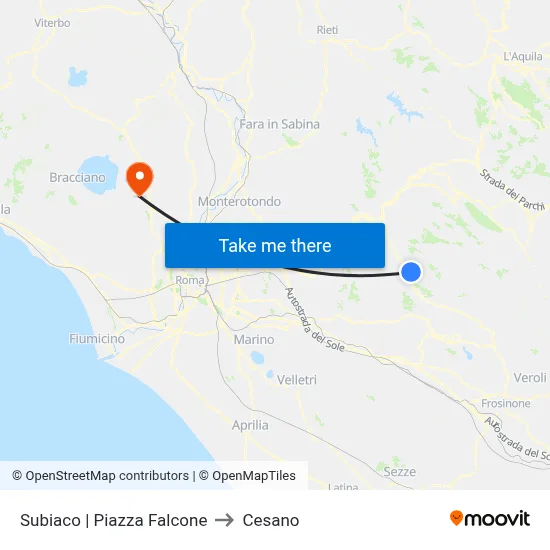Subiaco Piazza Falcone to Cesano map