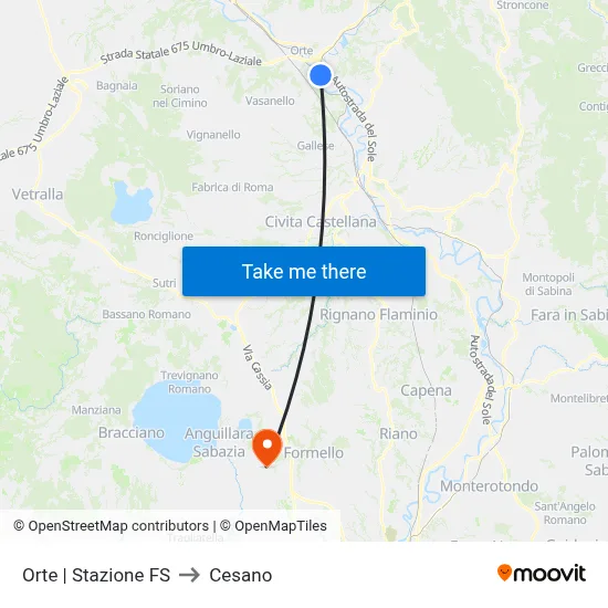 Orte Railway Station to Cesano map