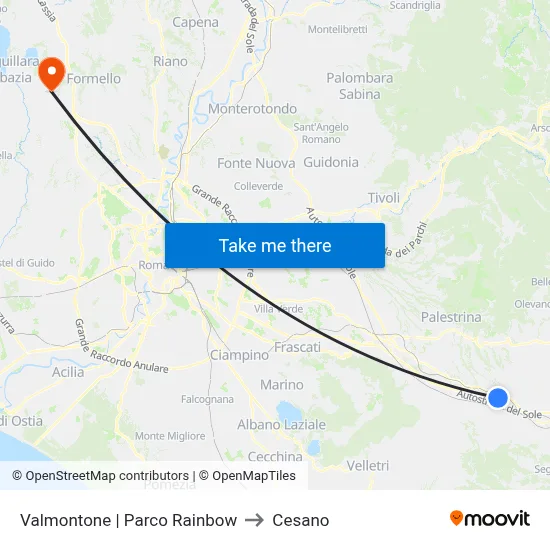 Valmontone Rainbow Park to Cesano map