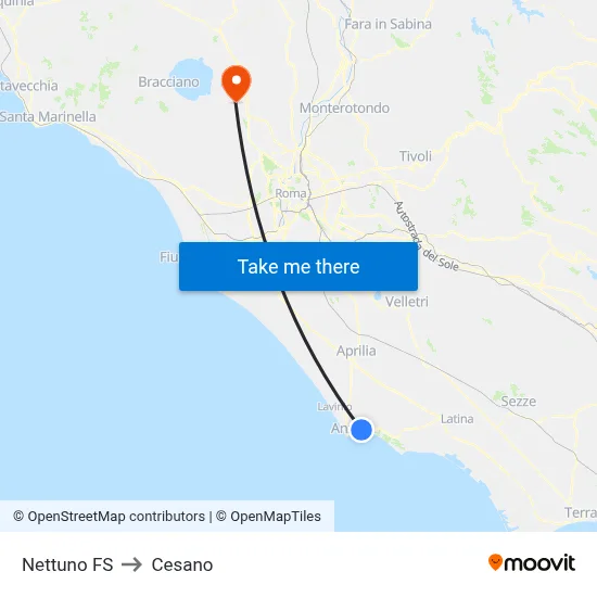 Nettuno Train Station to Cesano map