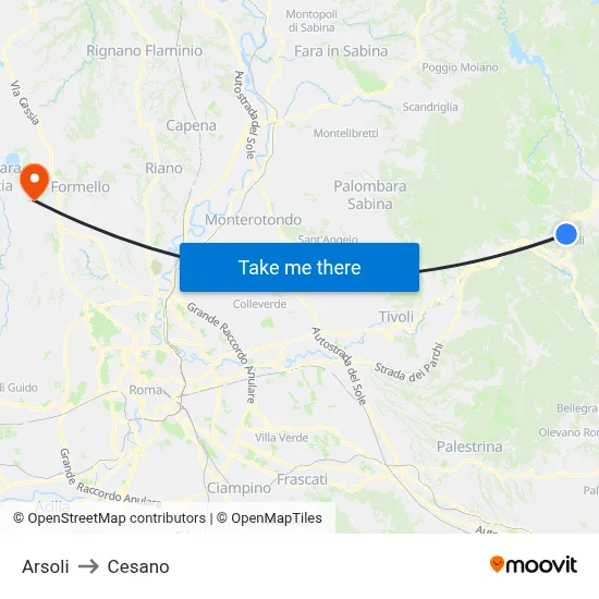 Arsoli to Cesano map