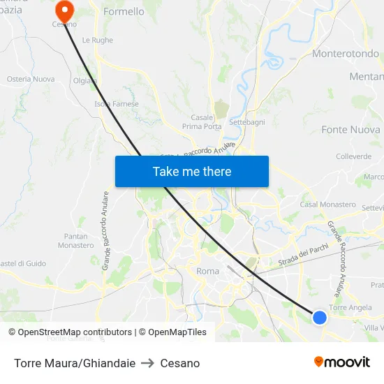 Torre Maura/Ghiandaie to Cesano map
