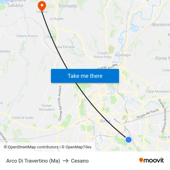 Arco Di Travertino (Metro A) to Cesano map
