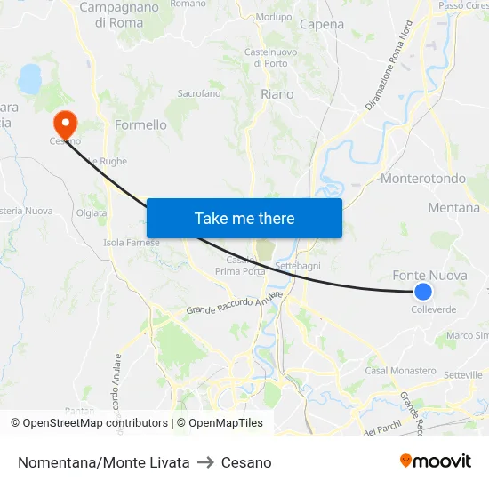 Nomentana/Monte Livata to Cesano map