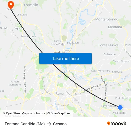 Fontana Candida (Mc) to Cesano map
