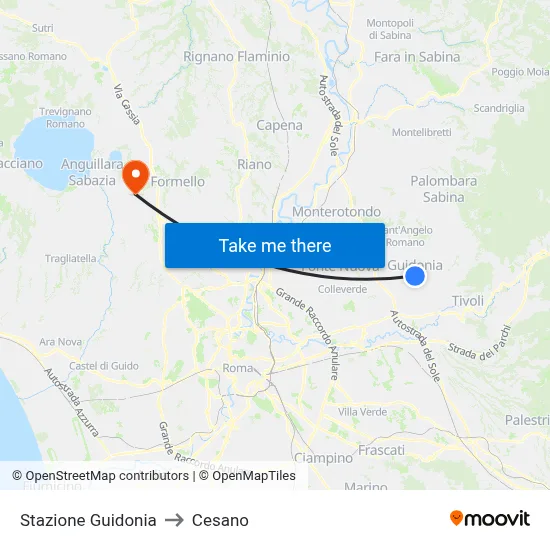 Guidonia Station to Cesano map
