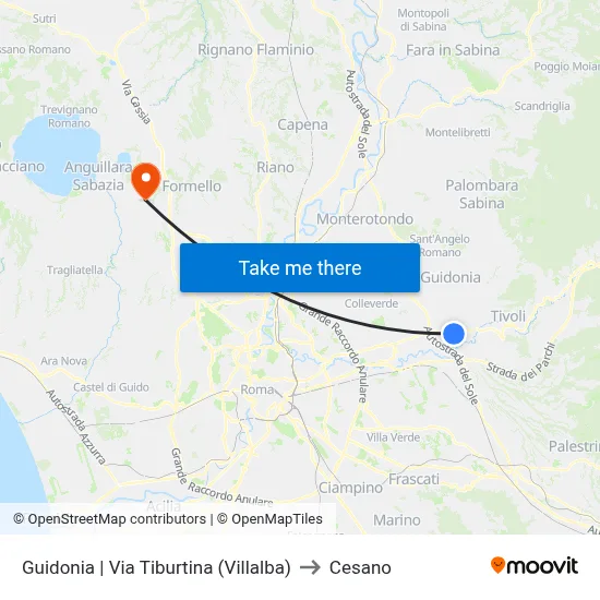 Guidonia via Tiburtina (Villalba) to Cesano map