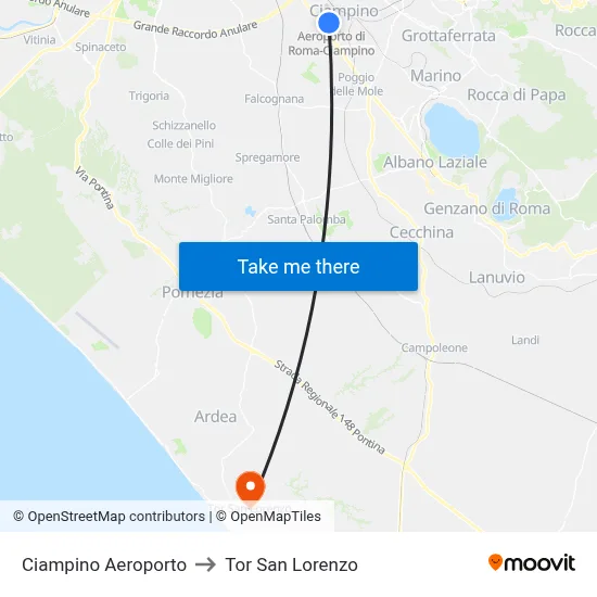 Ciampino Airport to Tor San Lorenzo map