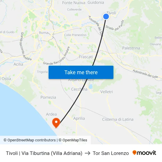 Tivoli | Via Tiburtina (Villa Adriana) to Tor San Lorenzo map