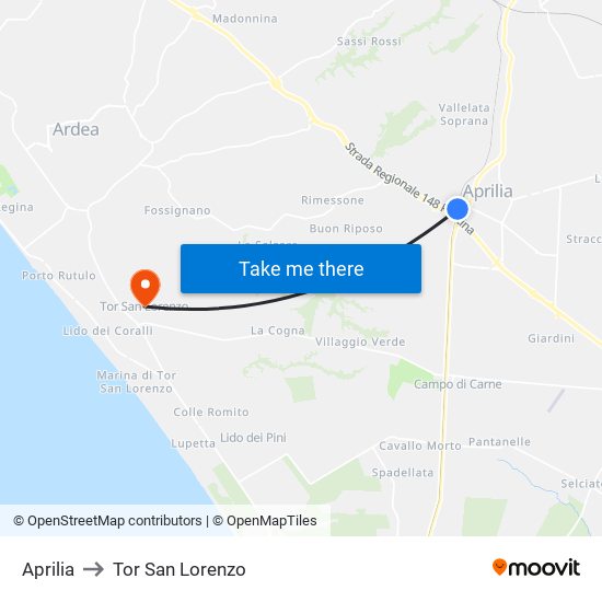 Aprilia to Tor San Lorenzo map