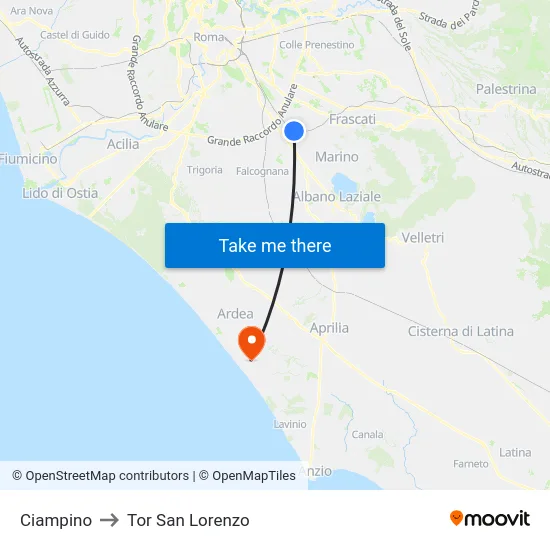 Ciampino to Tor San Lorenzo map