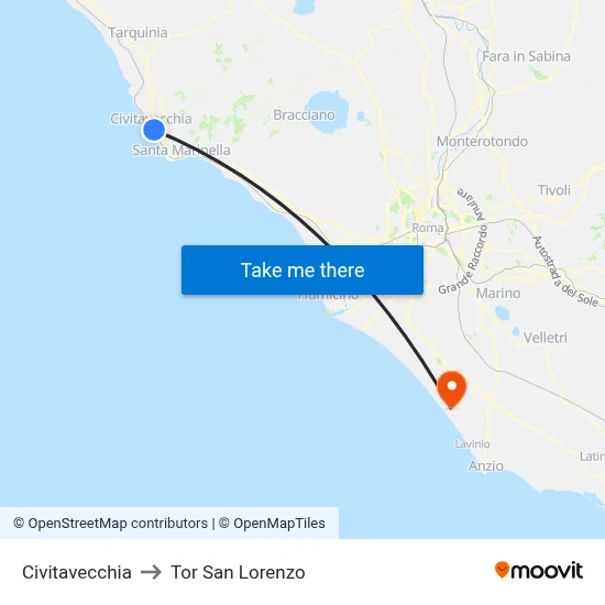 Civitavecchia to Tor San Lorenzo map