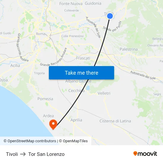 Tivoli to Tor San Lorenzo map