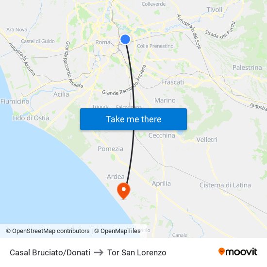 Casal Bruciato/Donati to Tor San Lorenzo map