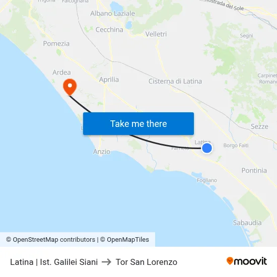 Latina | Galilei Siani Institute to Tor San Lorenzo map
