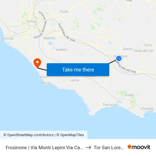 Frosinone | Monti Lepini Street Via Calvosa to Tor San Lorenzo map