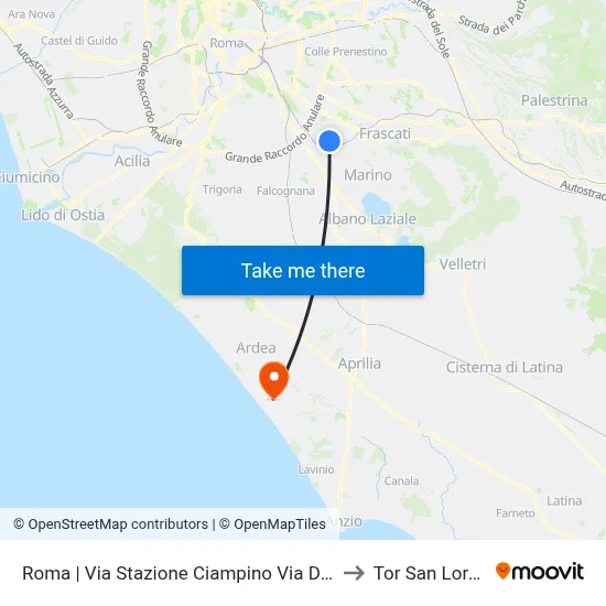 Rome | Ciampino Station Street Via Di Morena to Tor San Lorenzo map