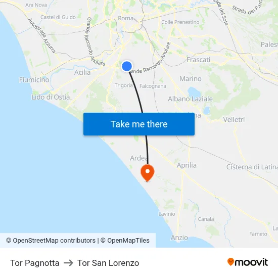 Tor Pagnotta to Tor San Lorenzo map