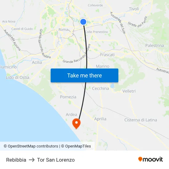 Rebibbia to Tor San Lorenzo map