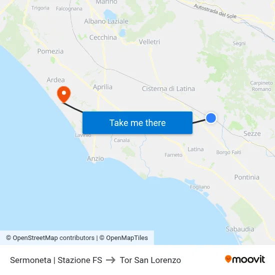 Sermoneta | Railway Station to Tor San Lorenzo map