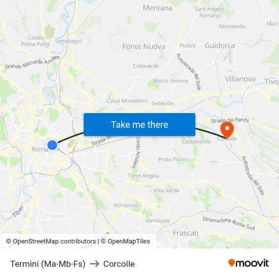 Termini (Metro A-Metro B-Railway) to Corcolle map