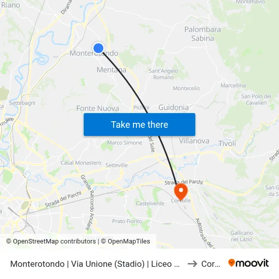 Monterotondo Via Unione (Stadium) G.Peano Scientific High School to Corcolle map