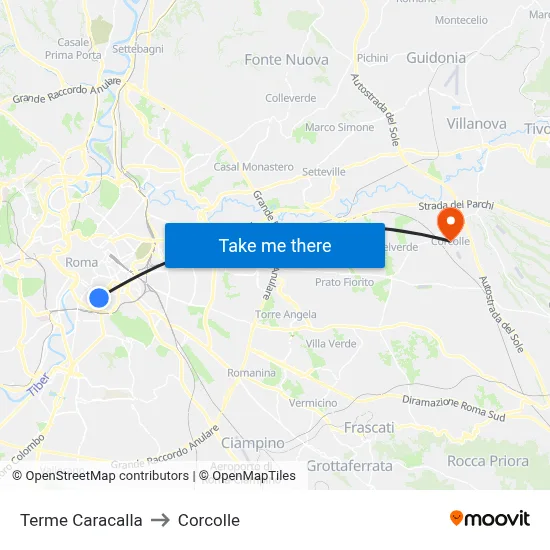 Caracalla Baths to Corcolle map