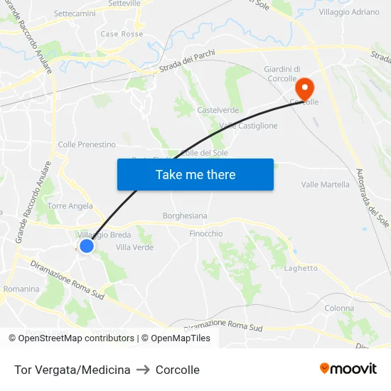 Tor Vergata/Medicine to Corcolle map