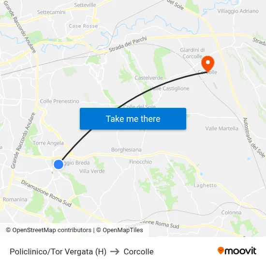Policlinico/Tor Vergata Hospital to Corcolle map
