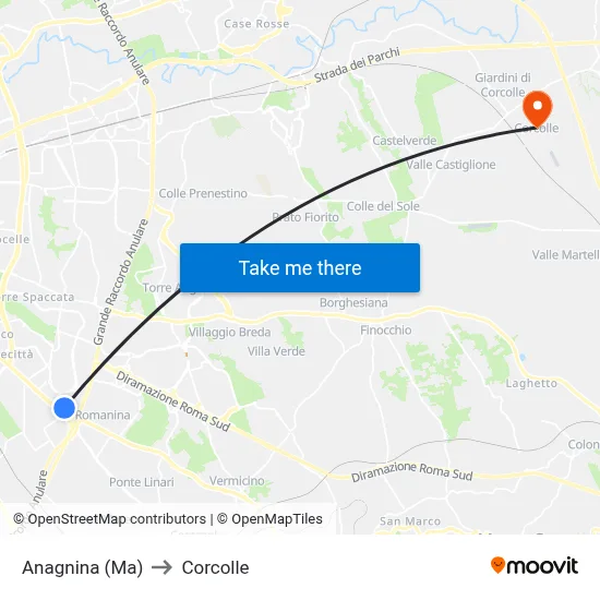 Anagnina Metro to Corcolle map