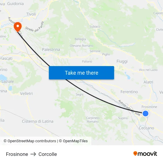 Frosinone to Corcolle map