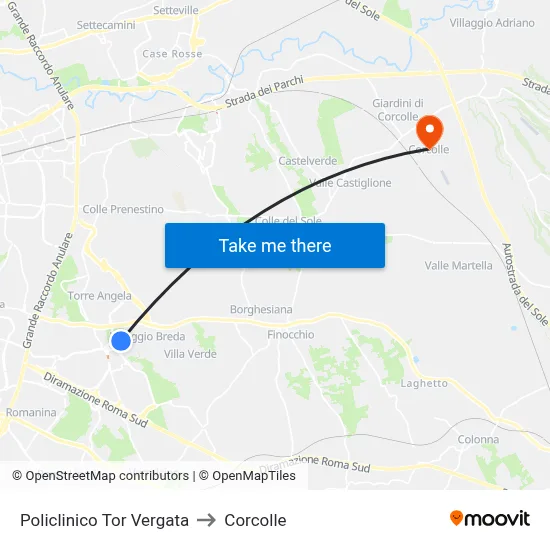 Tor Vergata Hospital to Corcolle map