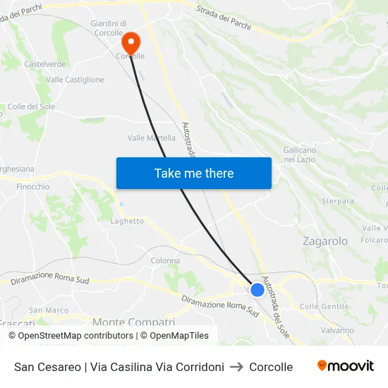 San Cesareo via Casilina via Corridoni to Corcolle map