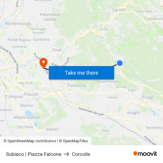 Subiaco Piazza Falcone to Corcolle map