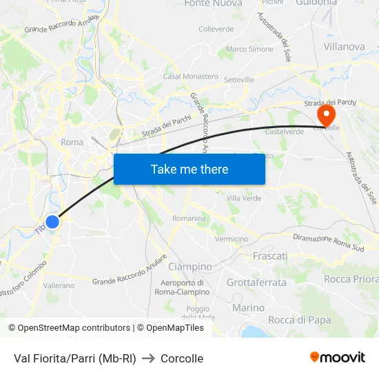 Val Fiorita/Parri (Metro-Rail) to Corcolle map