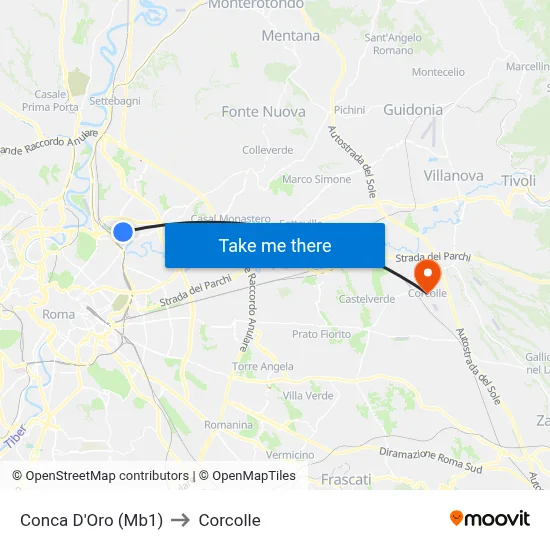 Conca D'Oro (Metro Line 1) to Corcolle map
