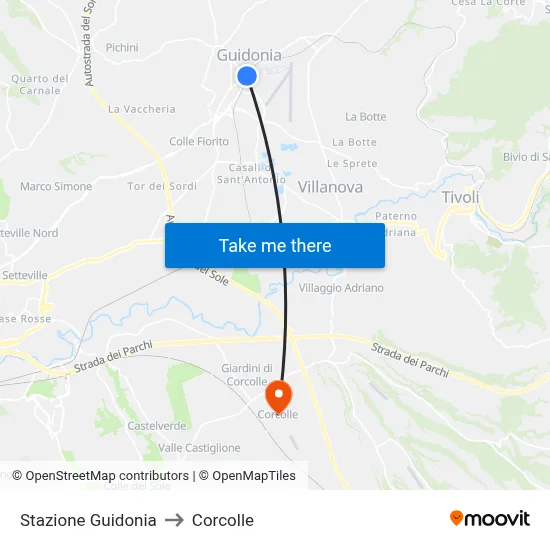 Guidonia Station to Corcolle map