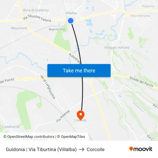 Guidonia via Tiburtina (Villalba) to Corcolle map